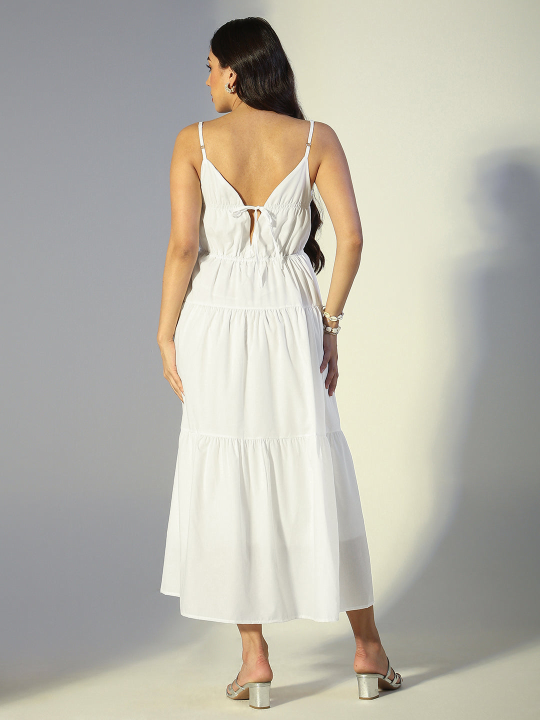 Women's White Tiered Midi Dress with Spaghetti Straps