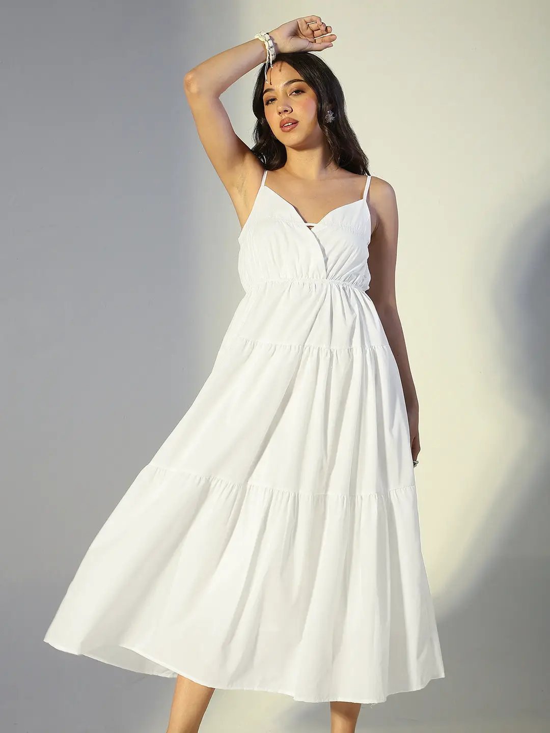 Shop Women's White Tiered Midi Dress with Spaghetti Straps| Showoffff Shop Women's White Tiered Midi Dress with Spaghetti Straps| Showoffff