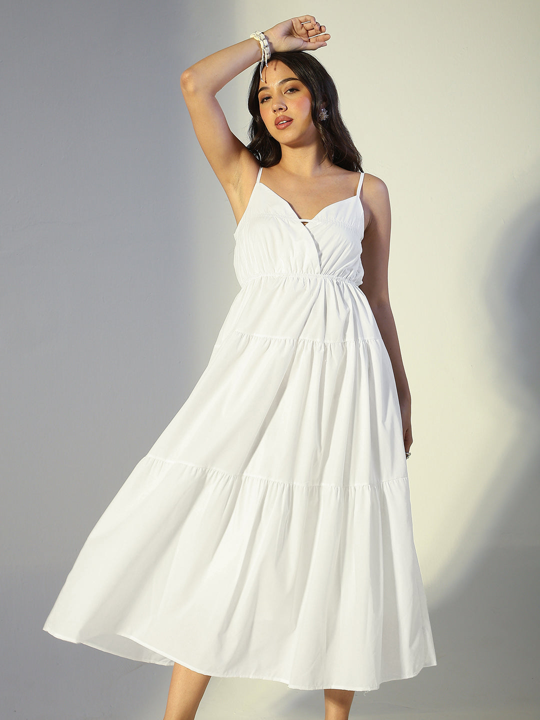 Women's White Tiered Midi Dress with Spaghetti Straps