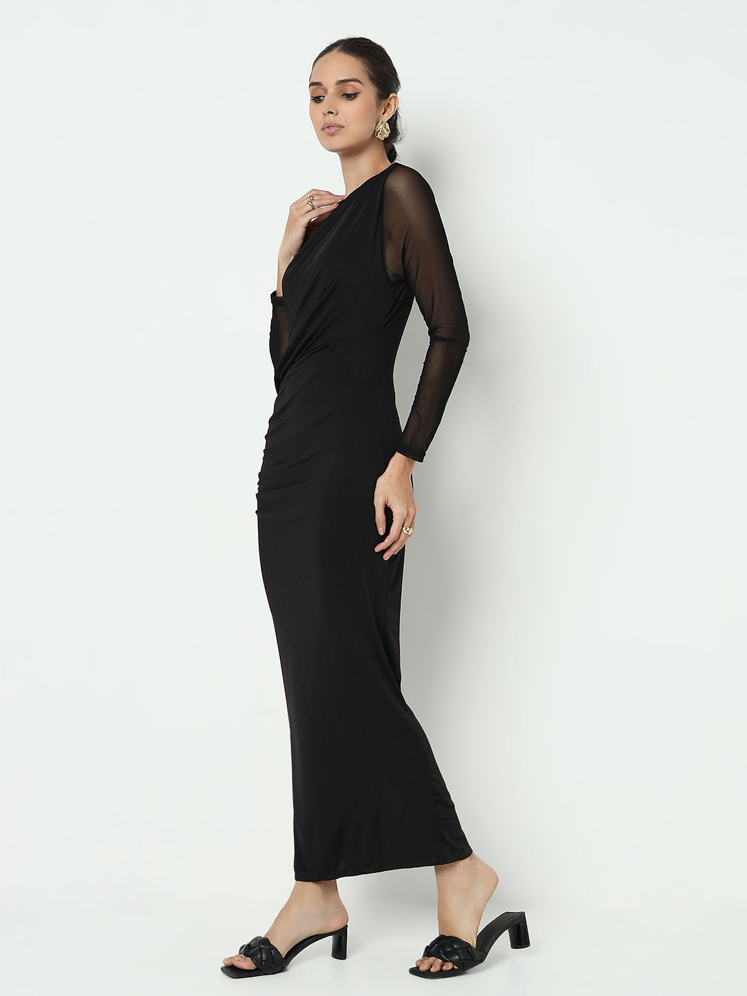 Women's Black Bodycon Maxi Dress with Sheer Sleeve and Side Slit