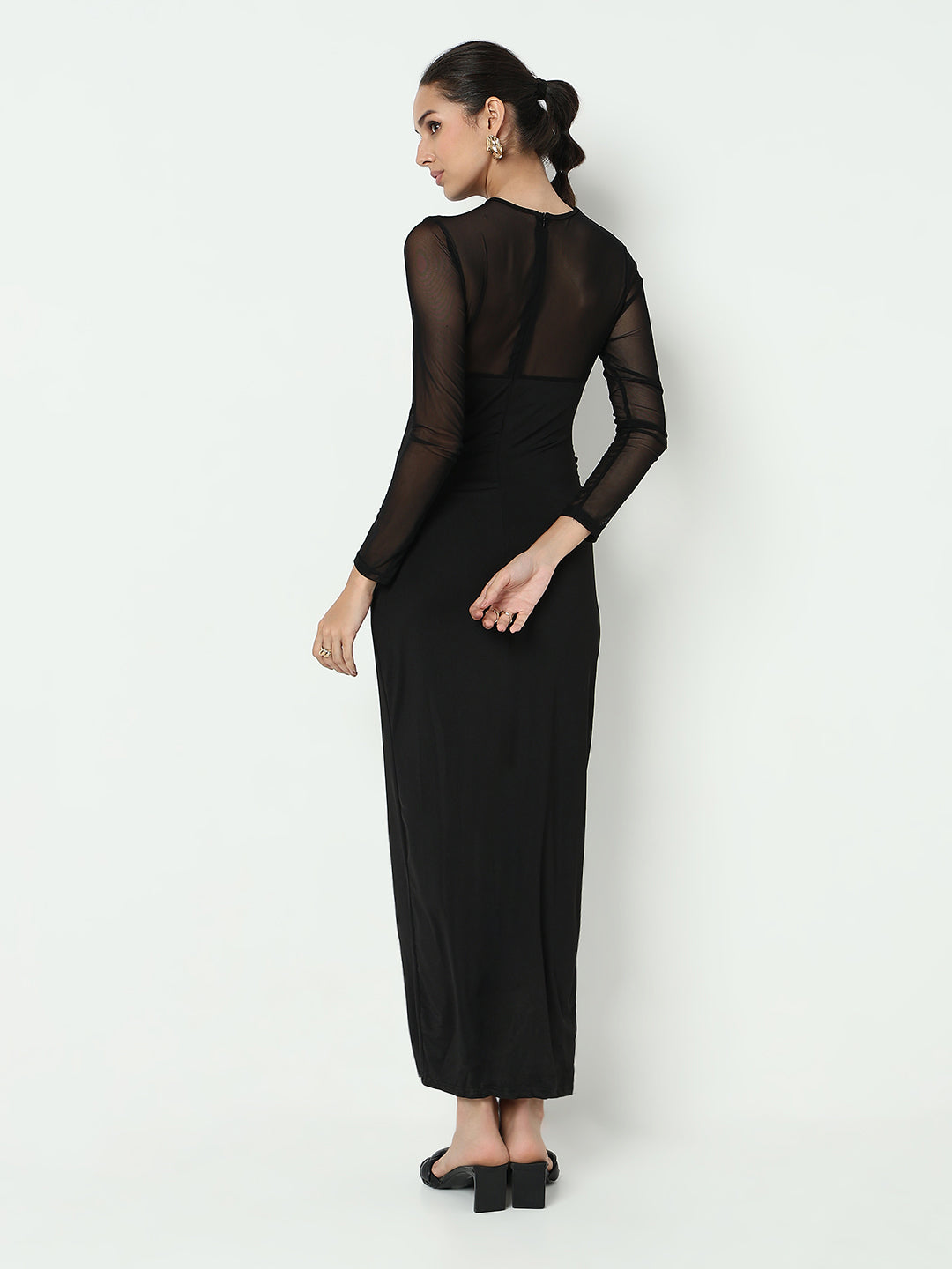 Women's Black Bodycon Maxi Dress with Sheer Sleeve and Side Slit