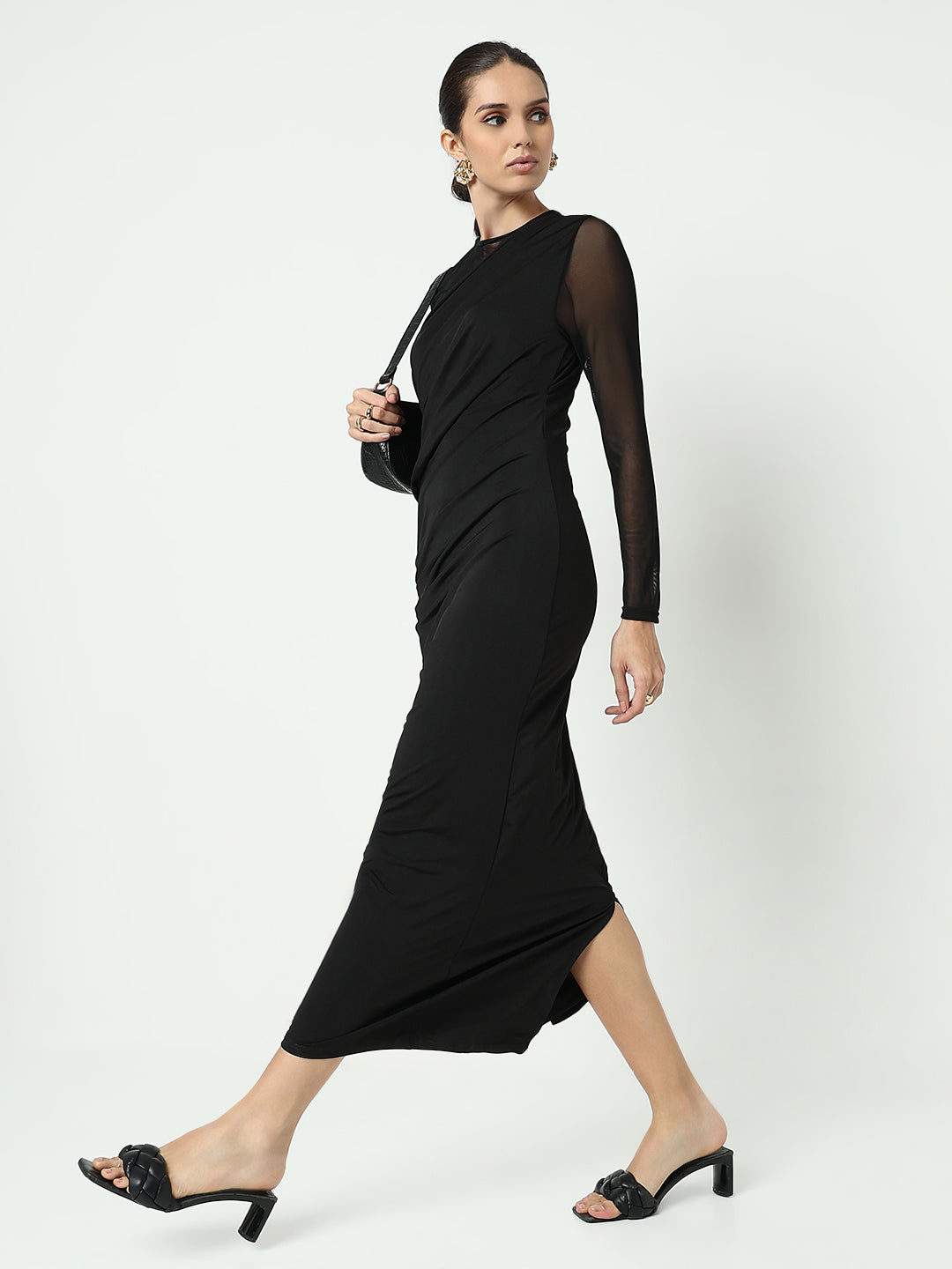 Women's Black Bodycon Maxi Dress with Sheer Sleeve and Side Slit