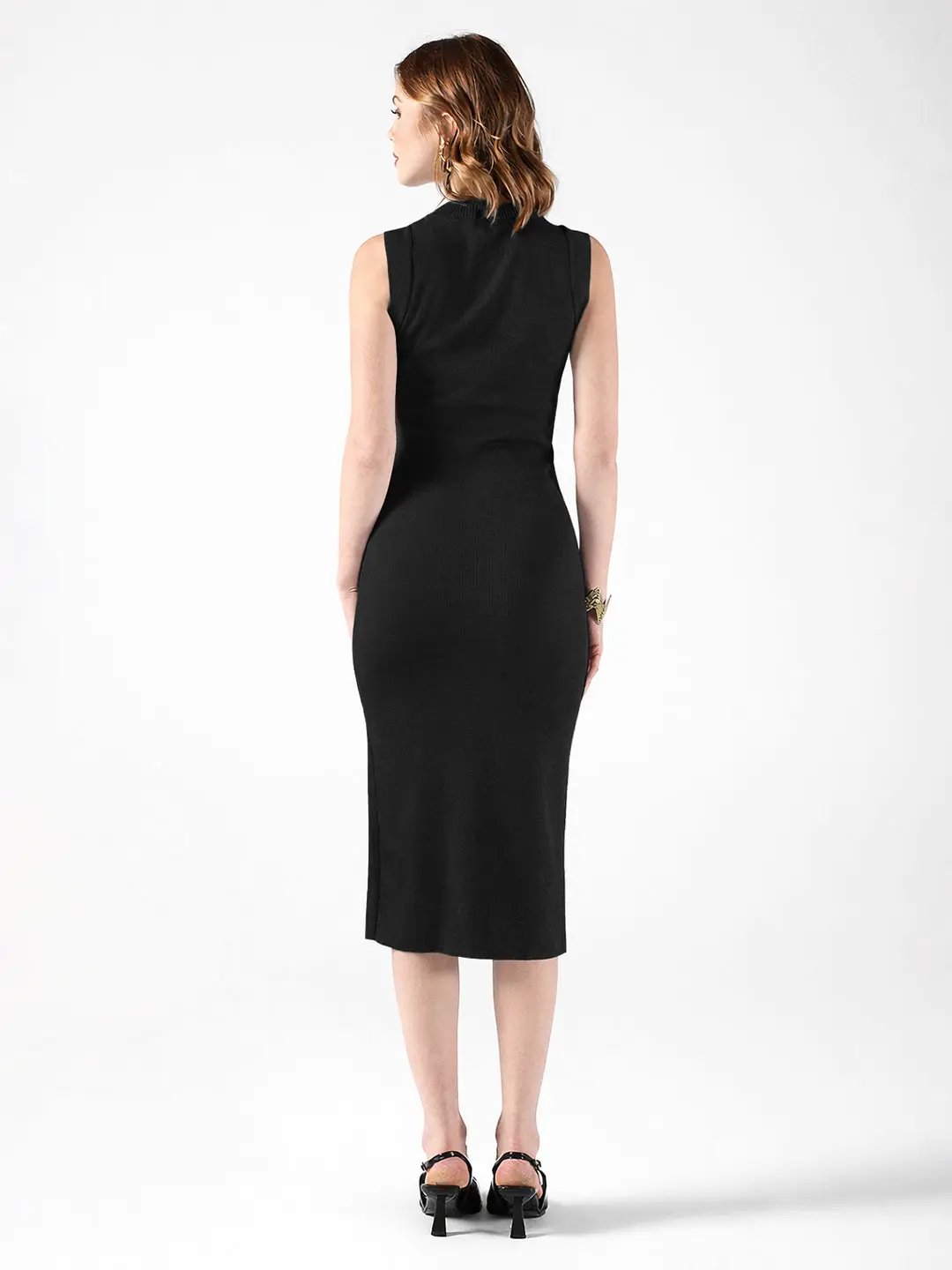 Women's Ribbed Black Midi Dress