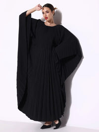 Women's Pleated Black Butterfly Sleeves Kaftan Maxi Dress