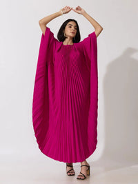 Women's Pleated Pink Butterfly Sleeves Kaftan Maxi Dress