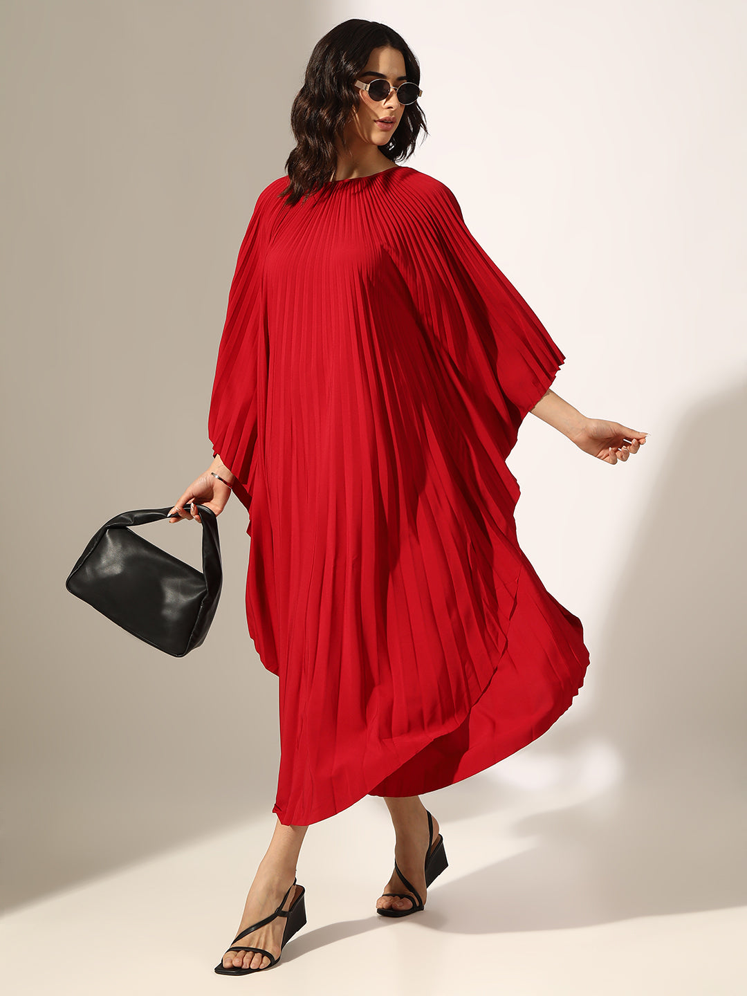 Women's Pleated Red Butterfly Sleeves Kaftan Maxi Dress