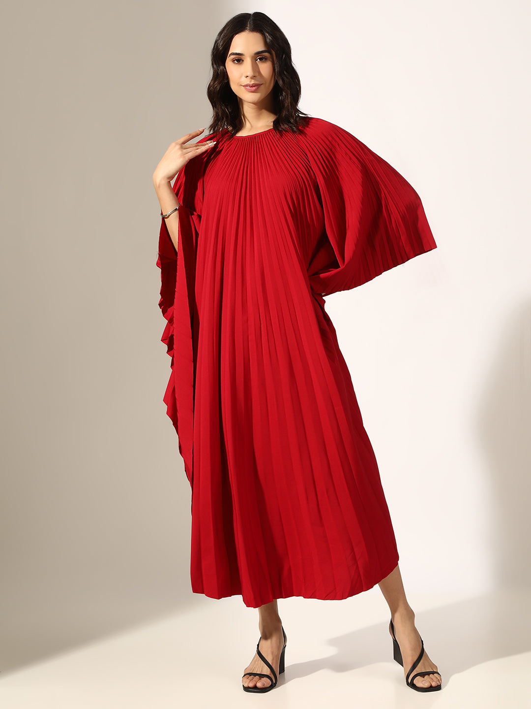 Women's Pleated Red Butterfly Sleeves Kaftan Maxi Dress