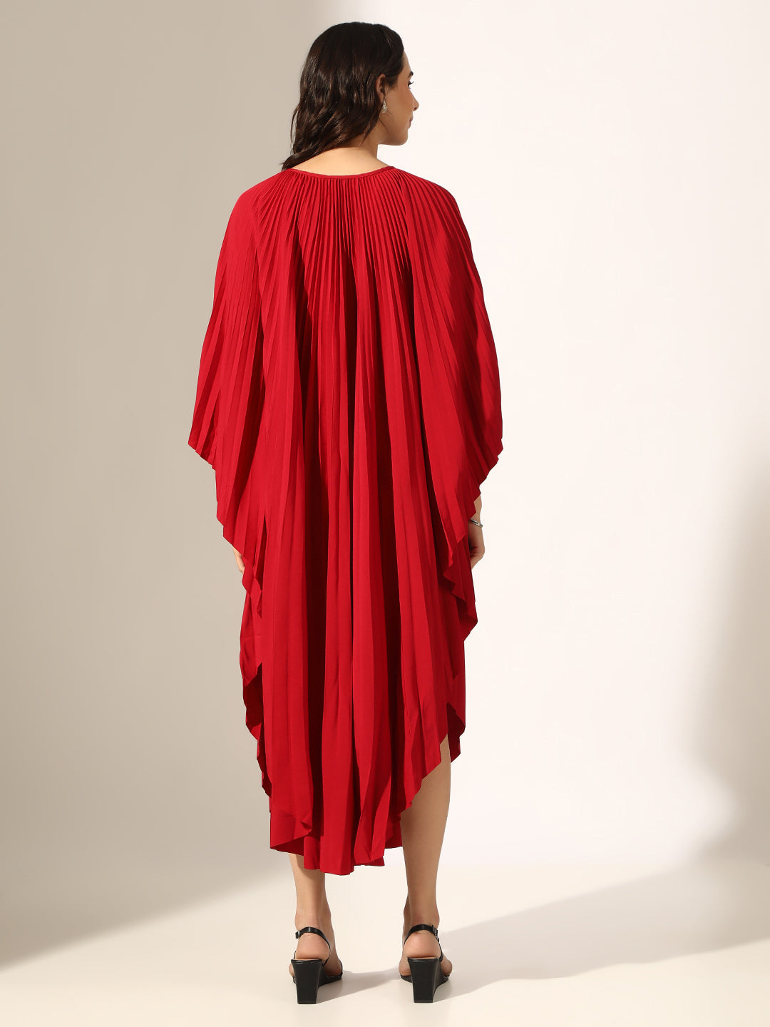 Women's Pleated Red Butterfly Sleeves Kaftan Maxi Dress