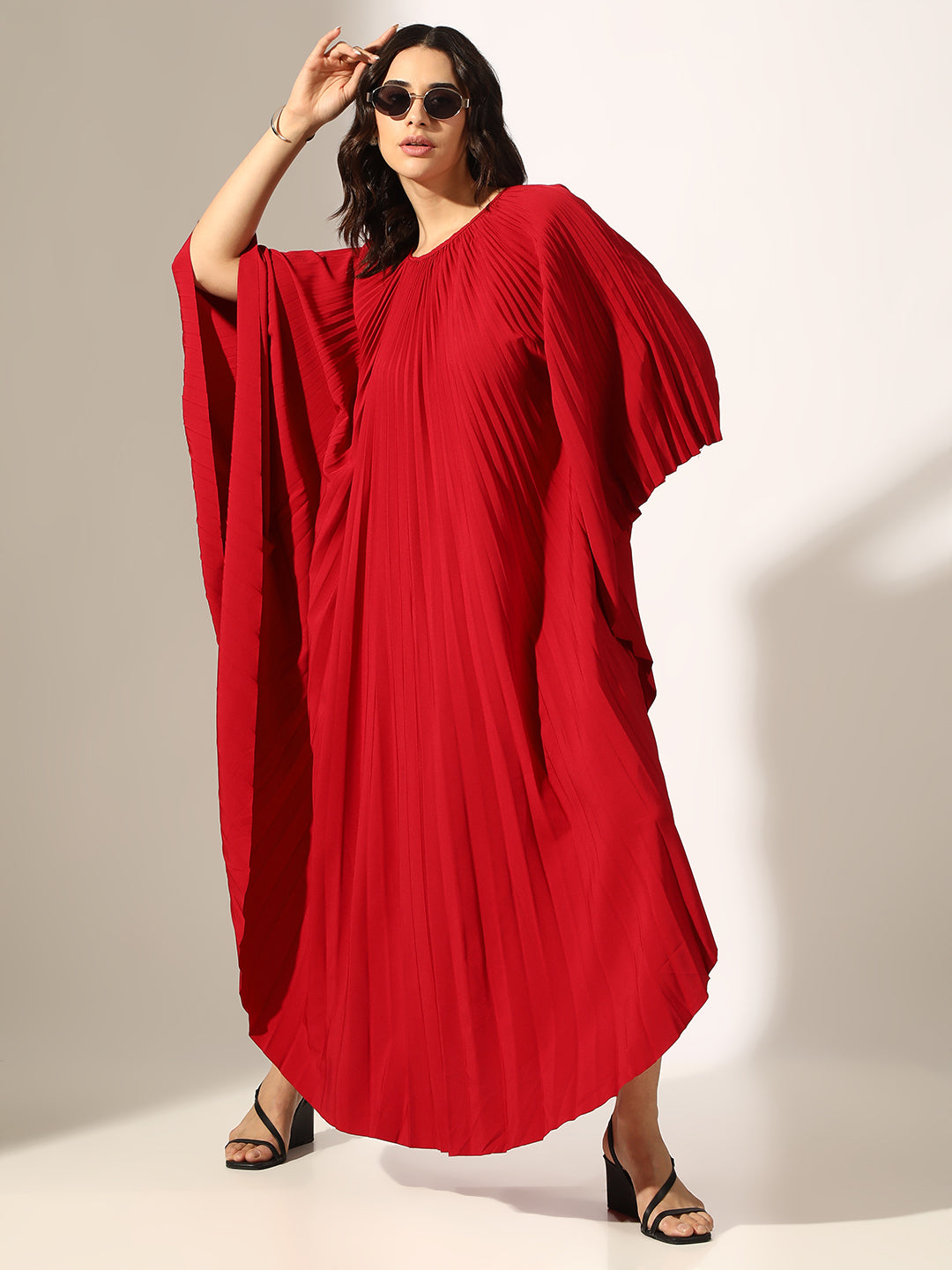 Women's Pleated Red Butterfly Sleeves Kaftan Maxi Dress