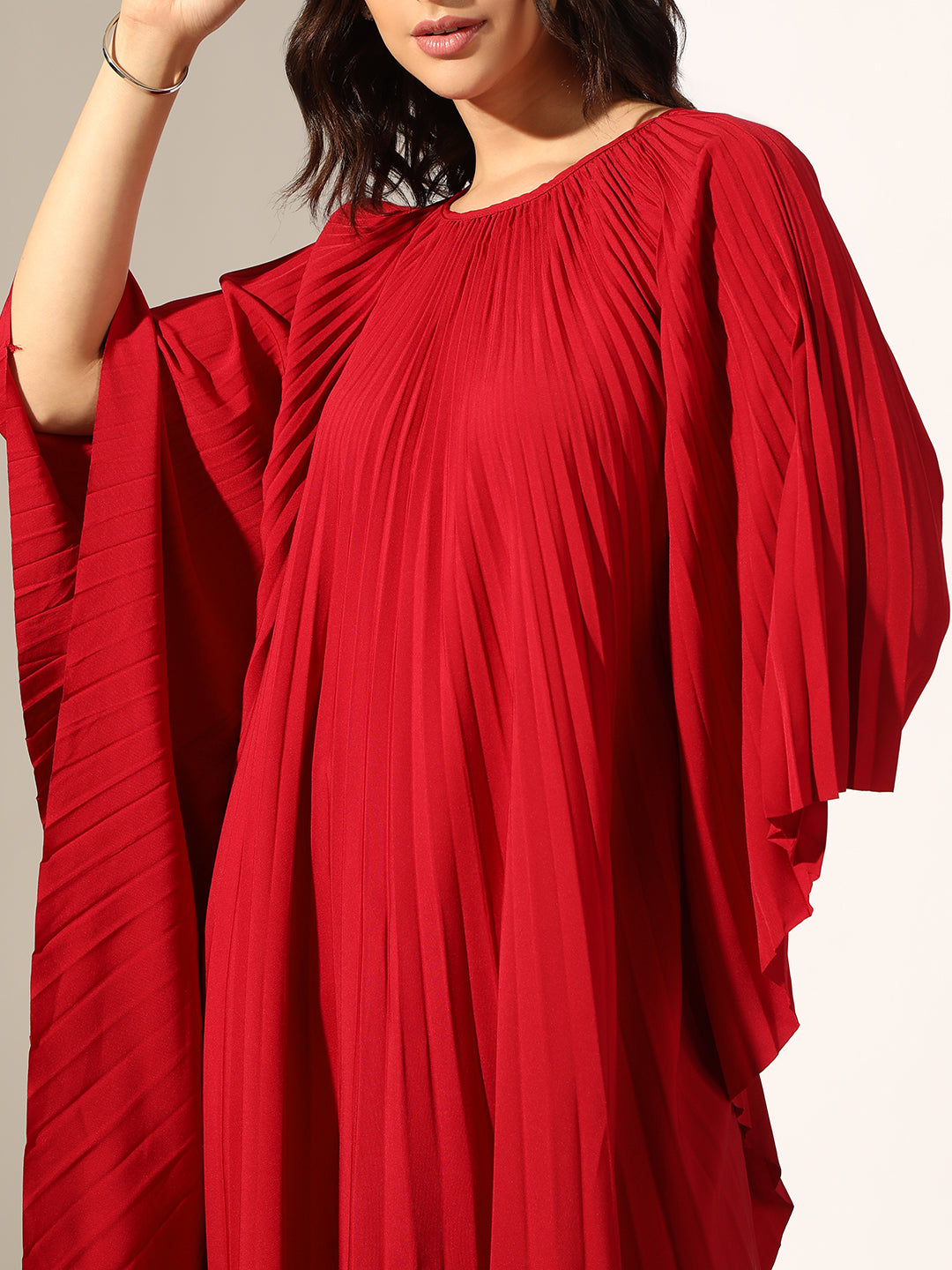 Women's Pleated Red Butterfly Sleeves Kaftan Maxi Dress