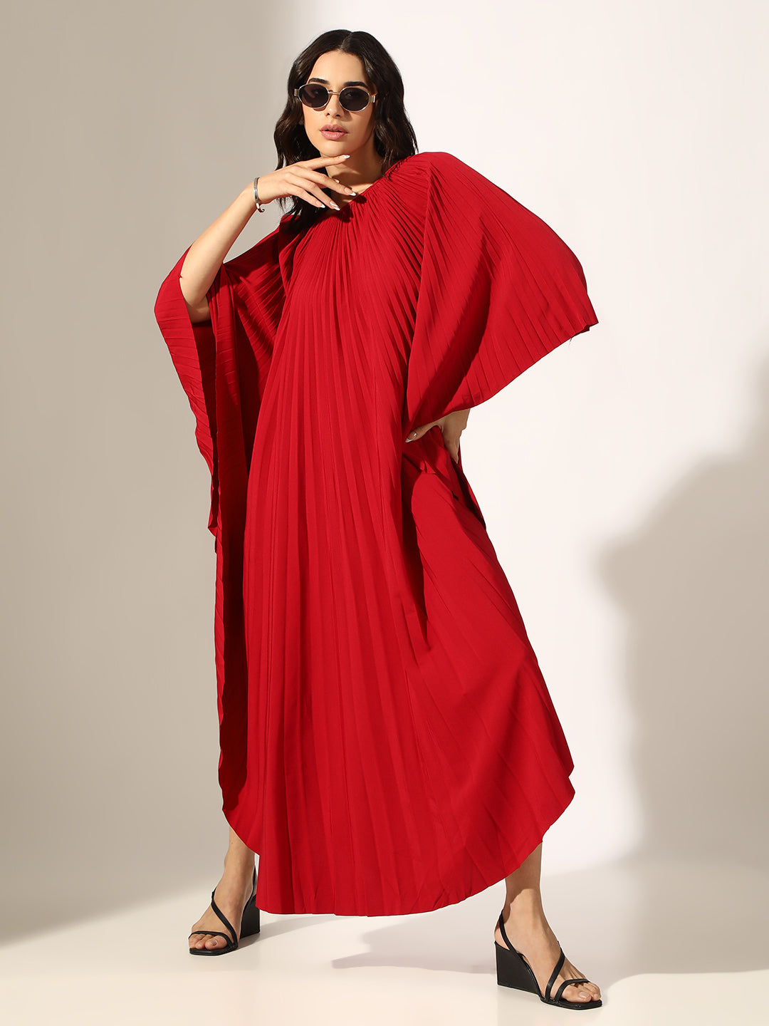 Women's Pleated Red Butterfly Sleeves Kaftan Maxi Dress