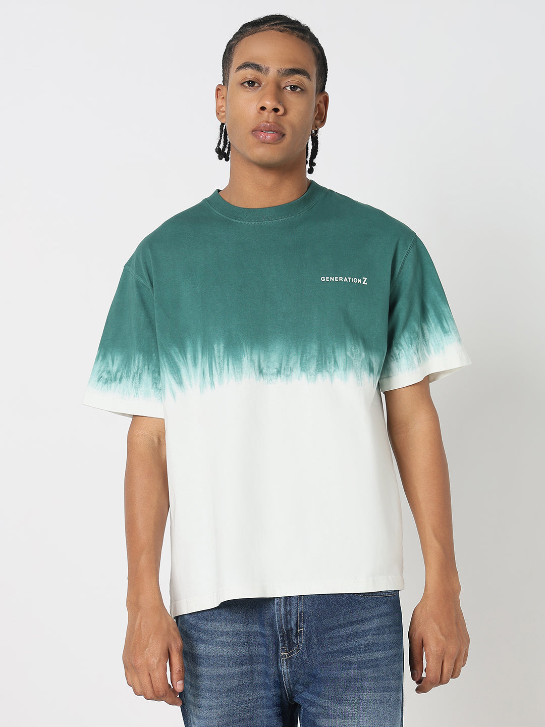 Men Casual Green & White Tie & Dye T-Shirt