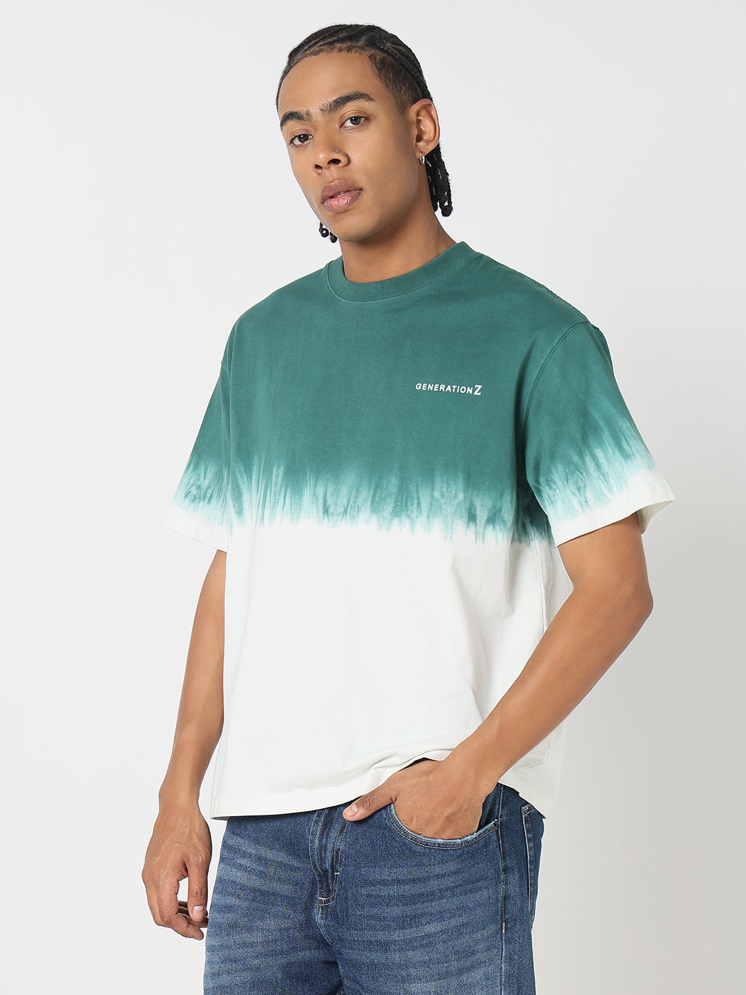 Men Casual Green & White Tie & Dye T-Shirt