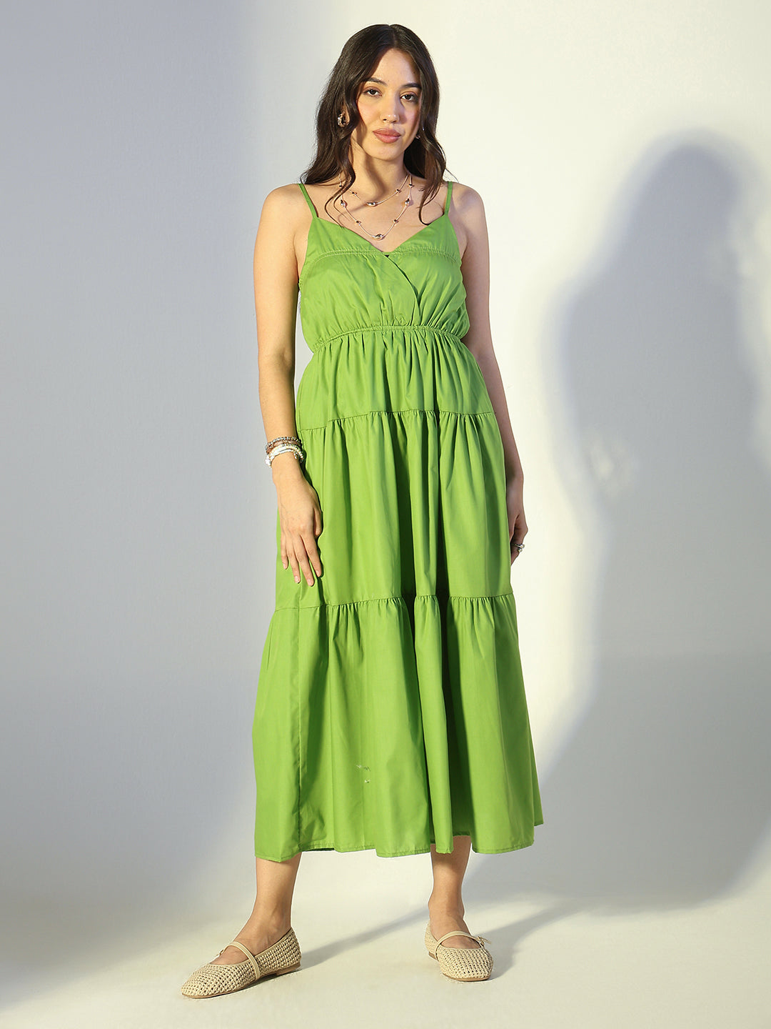 Women's Green Tiered Midi Dress with Spaghetti Straps