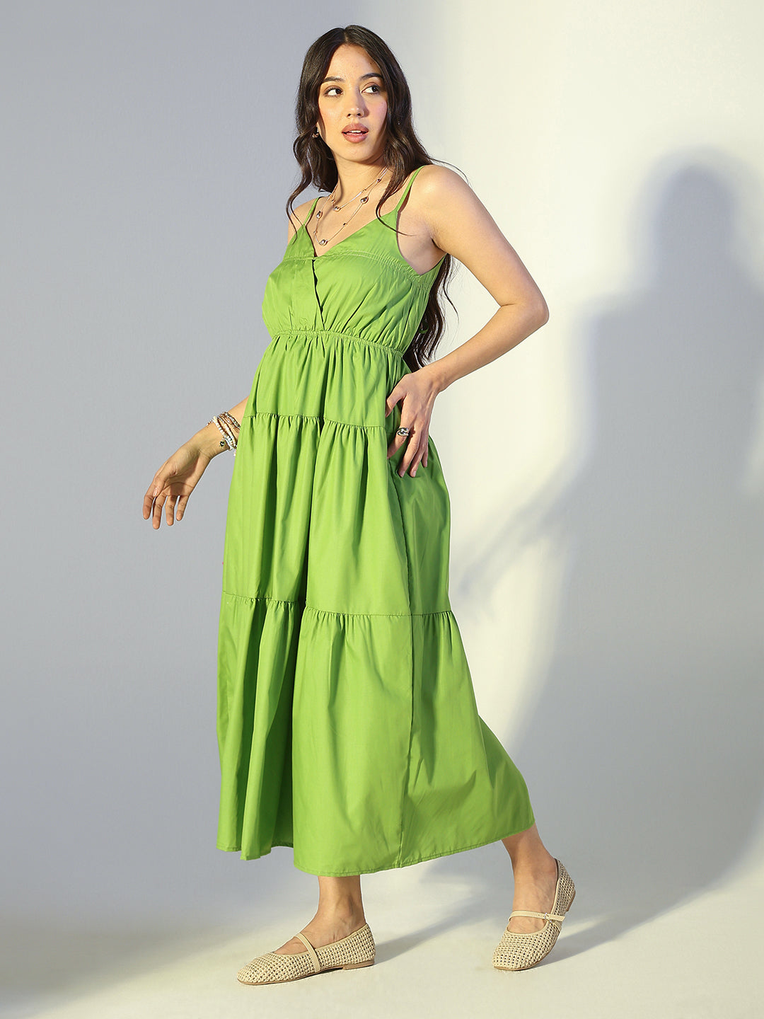 Women's Green Tiered Midi Dress with Spaghetti Straps