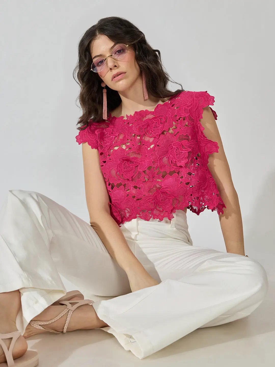 Women's Floral Lace Pink Boat NeckTop