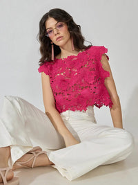 Women's Floral Lace Pink Boat NeckTop
