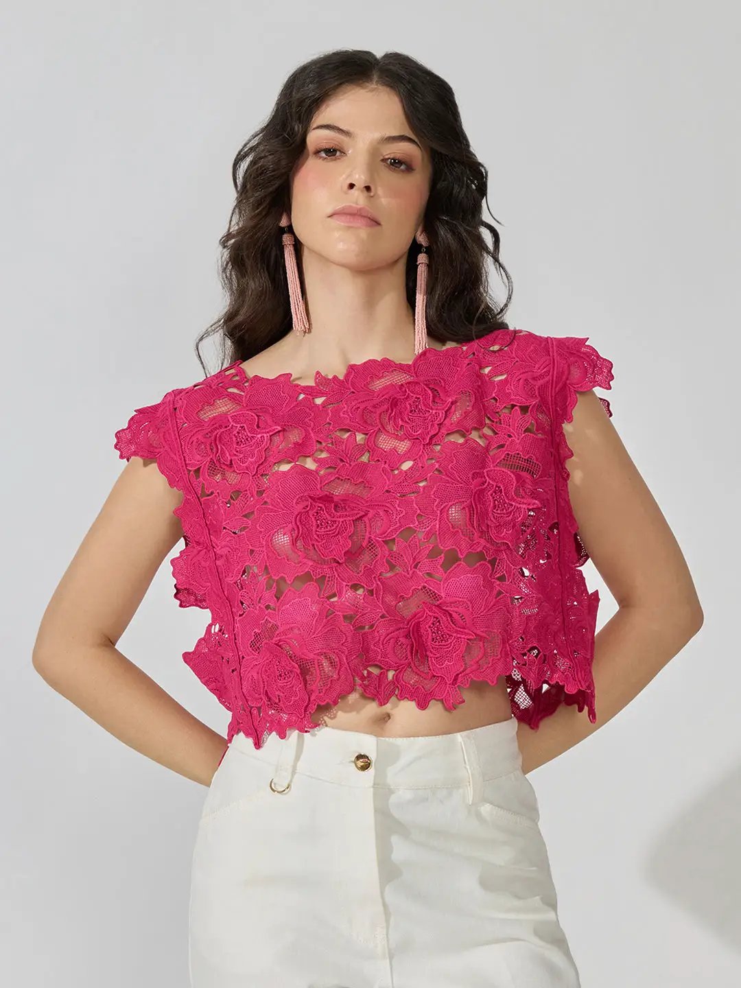 Women's Floral Lace Pink Boat NeckTop