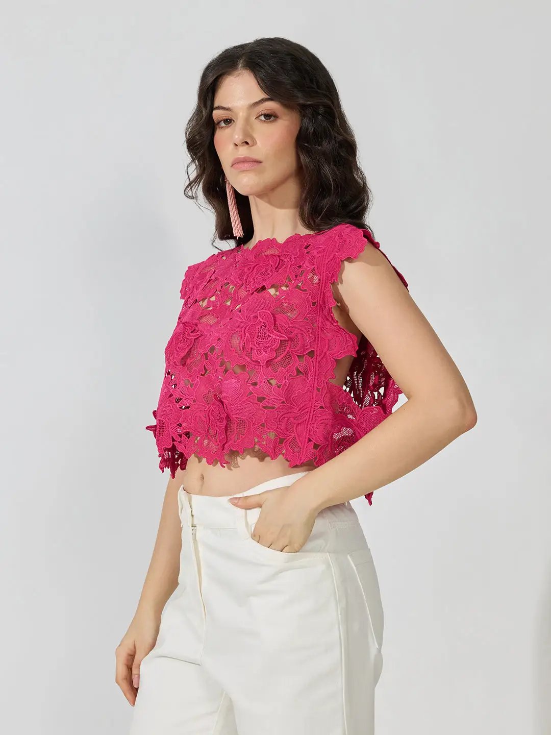 Women's Floral Lace Pink Boat NeckTop
