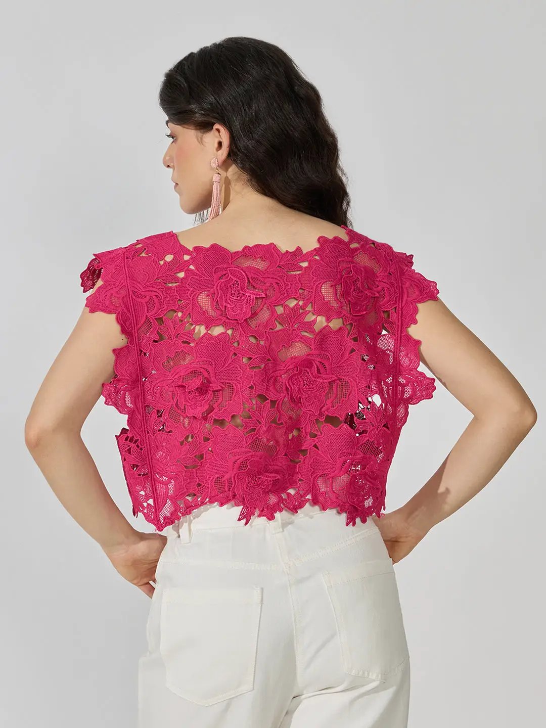 Women's Floral Lace Pink Boat NeckTop