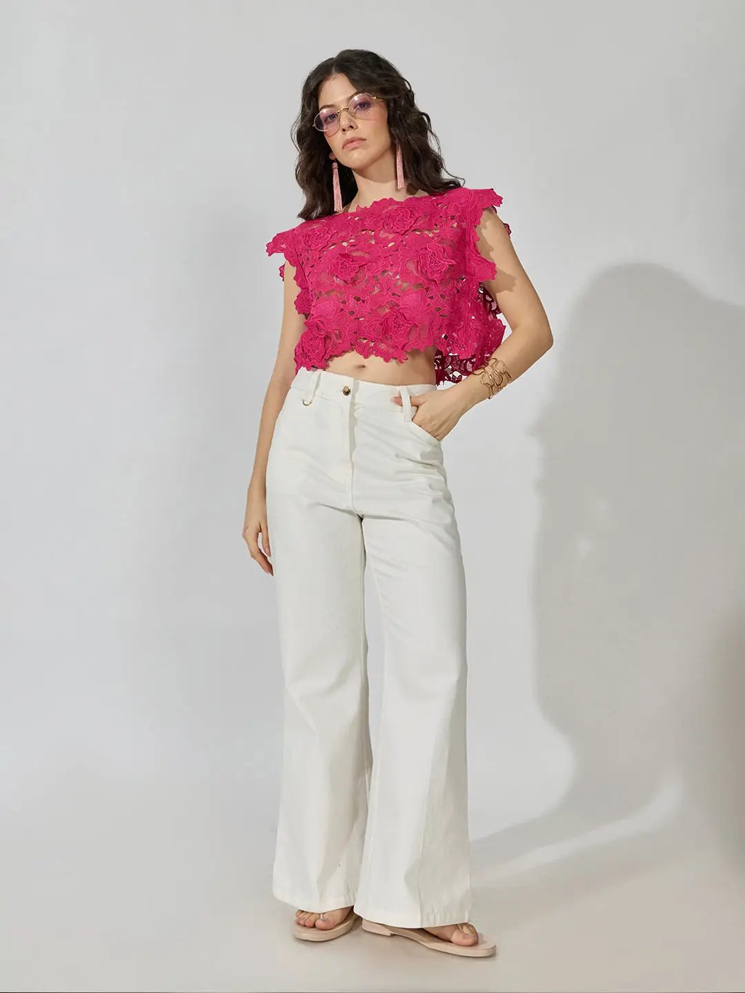 Women's Floral Lace Pink Boat NeckTop