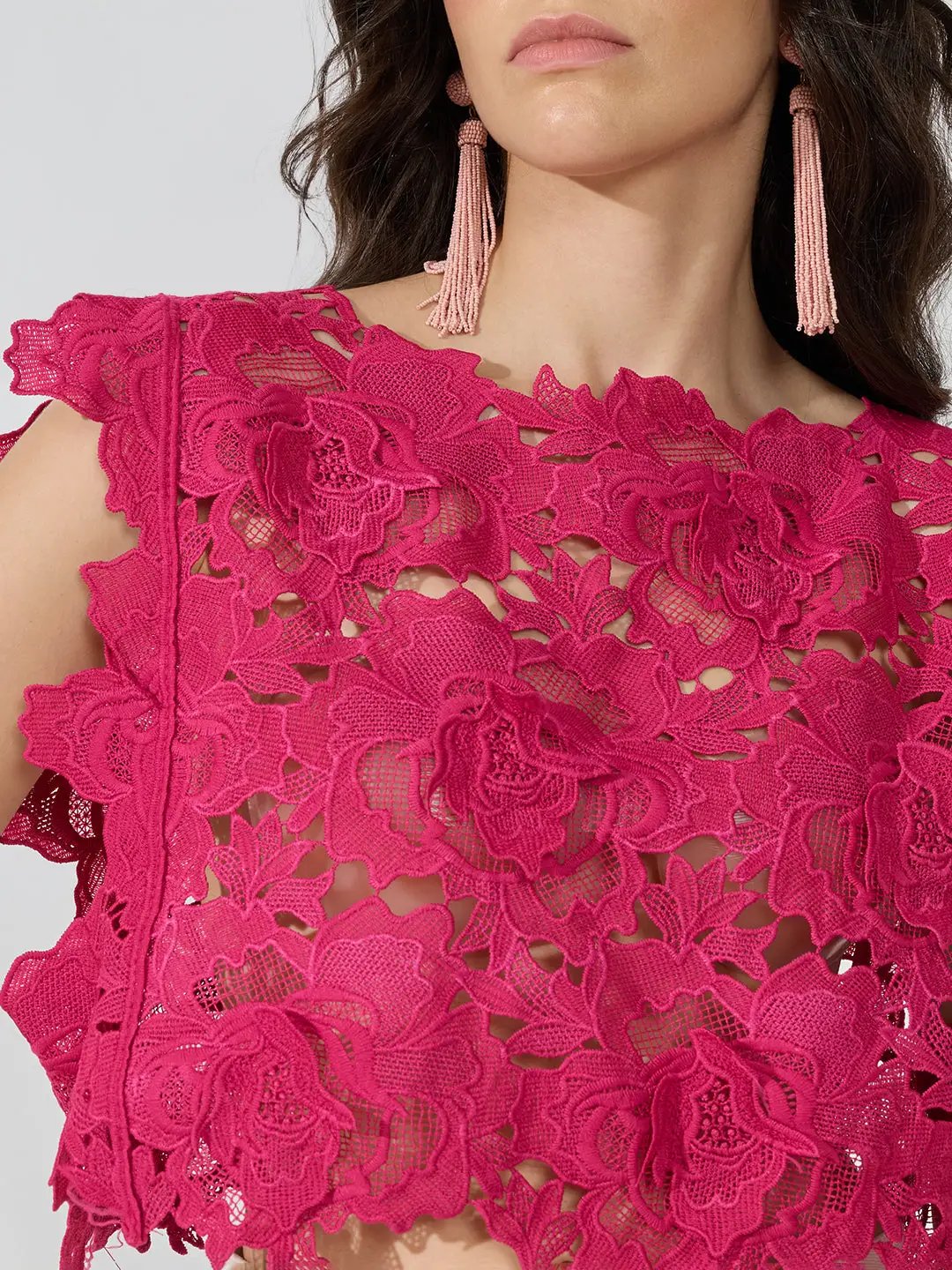 Women's Floral Lace Pink Boat NeckTop
