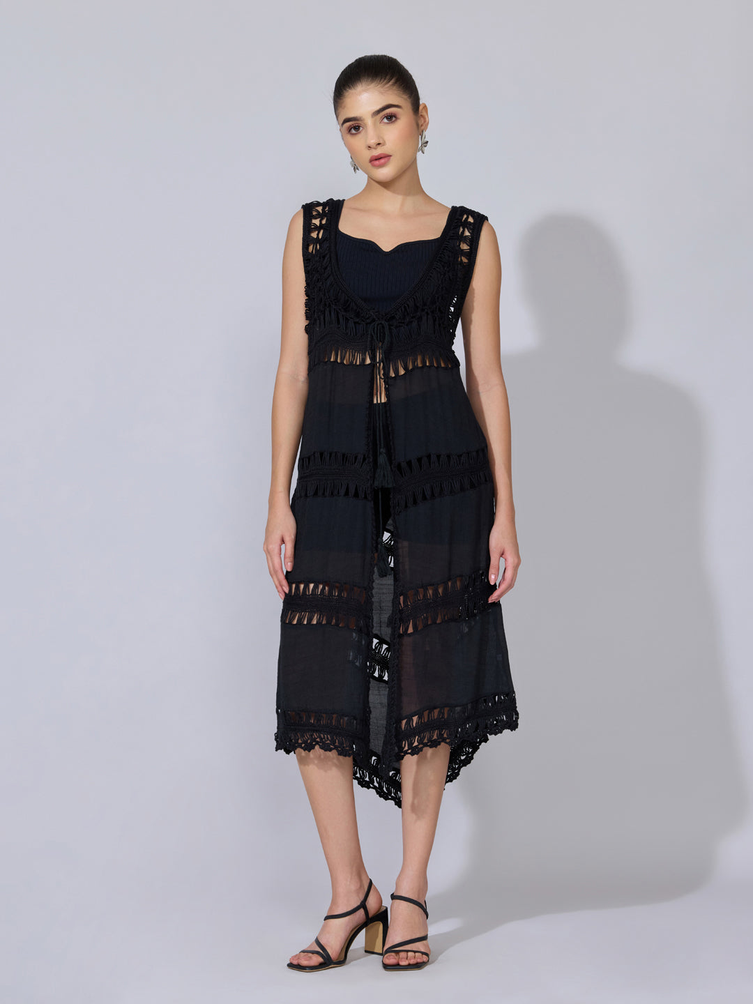 Women's Crochet Black Sleeveless Longline Shrug with Tie-Up