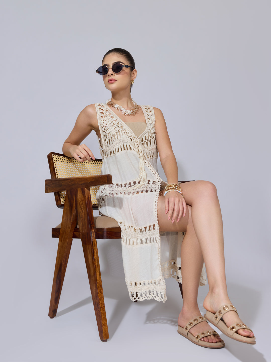 Women's Crochet Cream Sleeveless Longline Shrug with Tie-Up