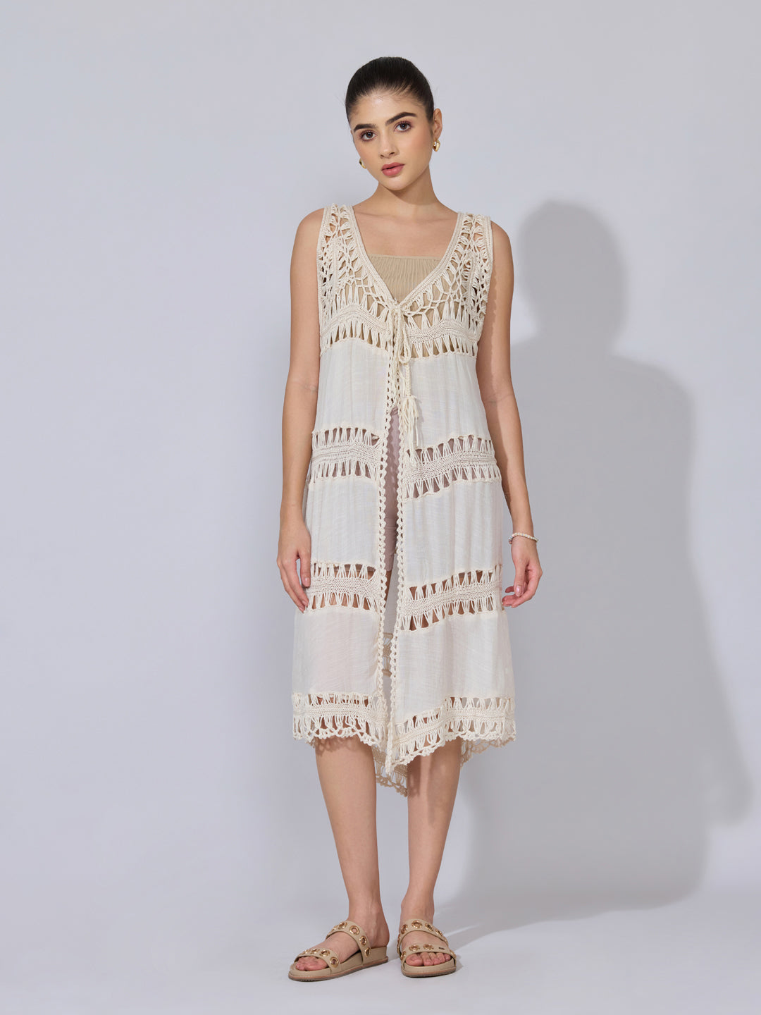 Women's Crochet Cream Sleeveless Longline Shrug with Tie-Up