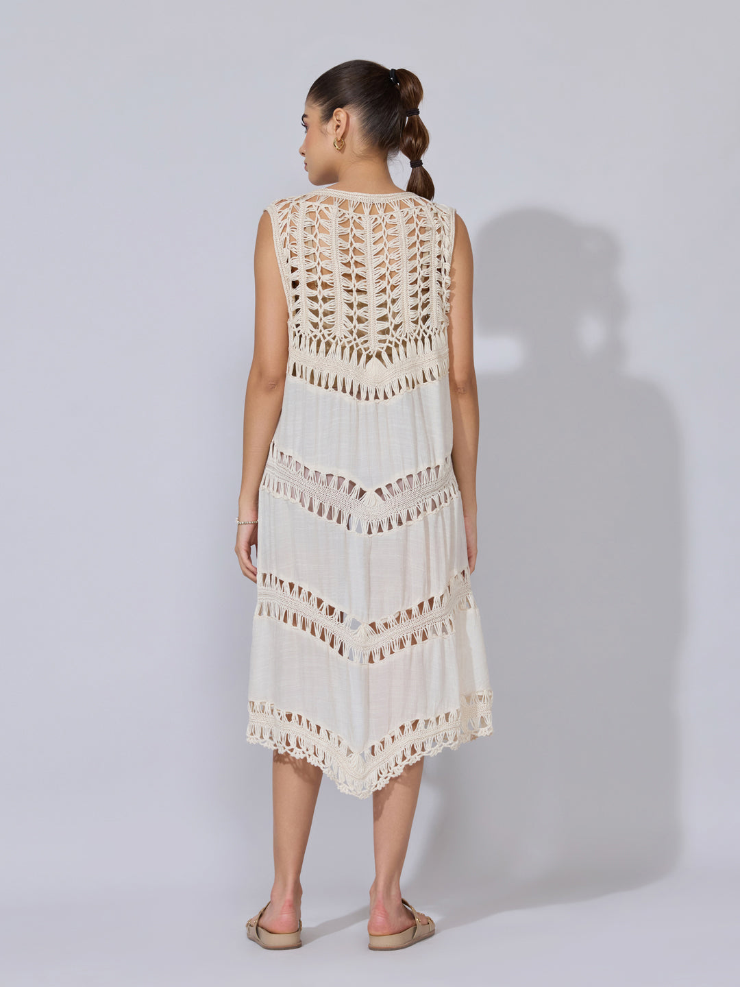 Women's Crochet Cream Sleeveless Longline Shrug with Tie-Up