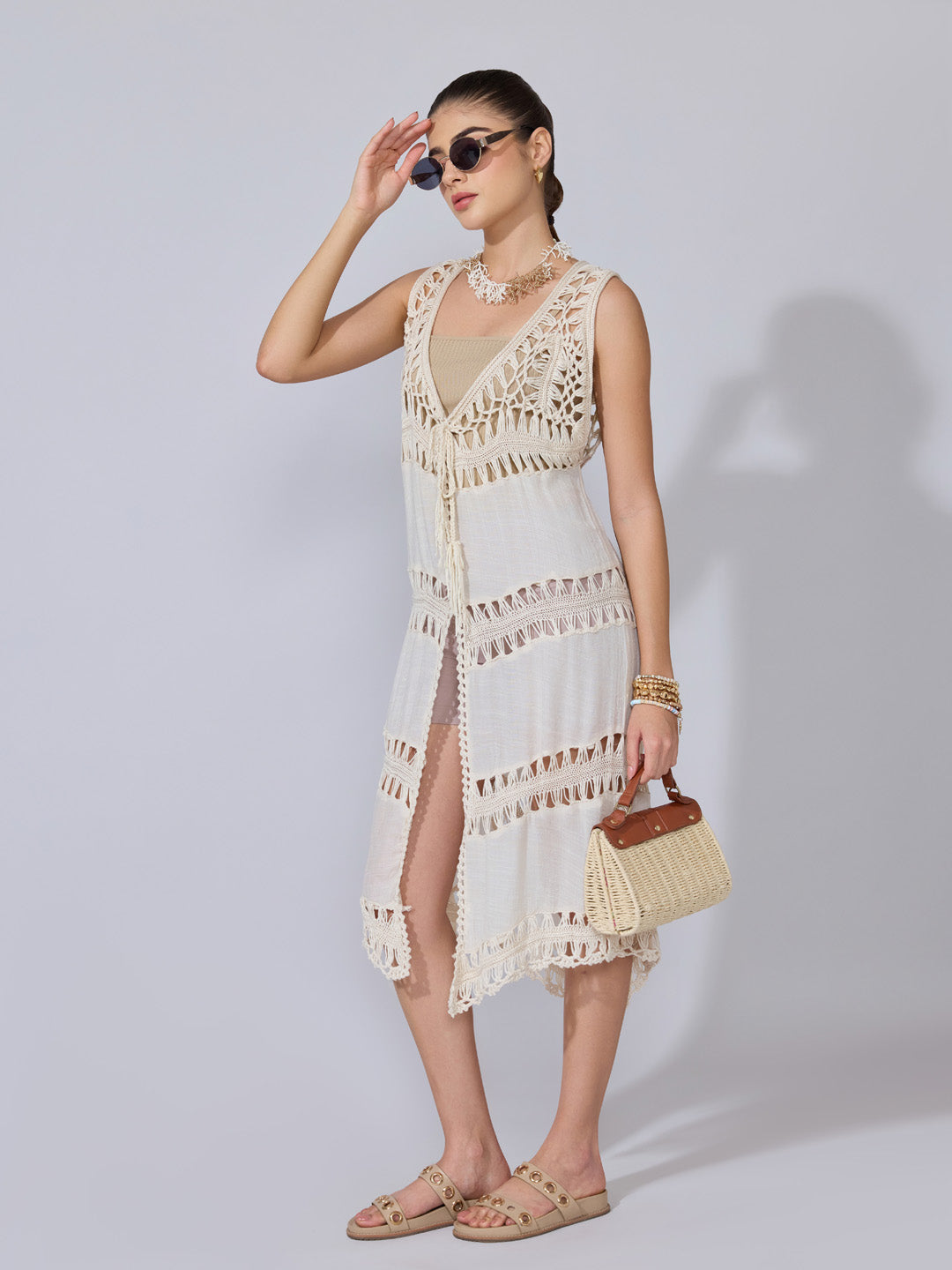Women's Crochet Cream Sleeveless Longline Shrug with Tie-Up