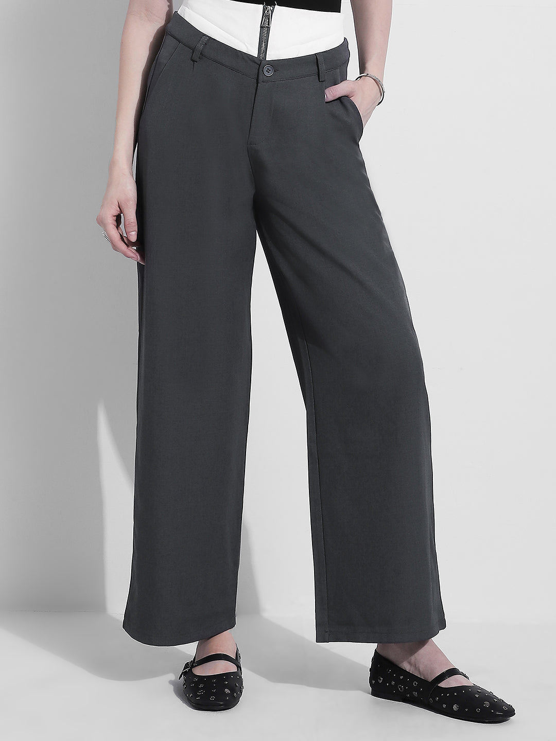 Women's Grey Pleated Korean Pants with Inverted Contrast Button Waistband