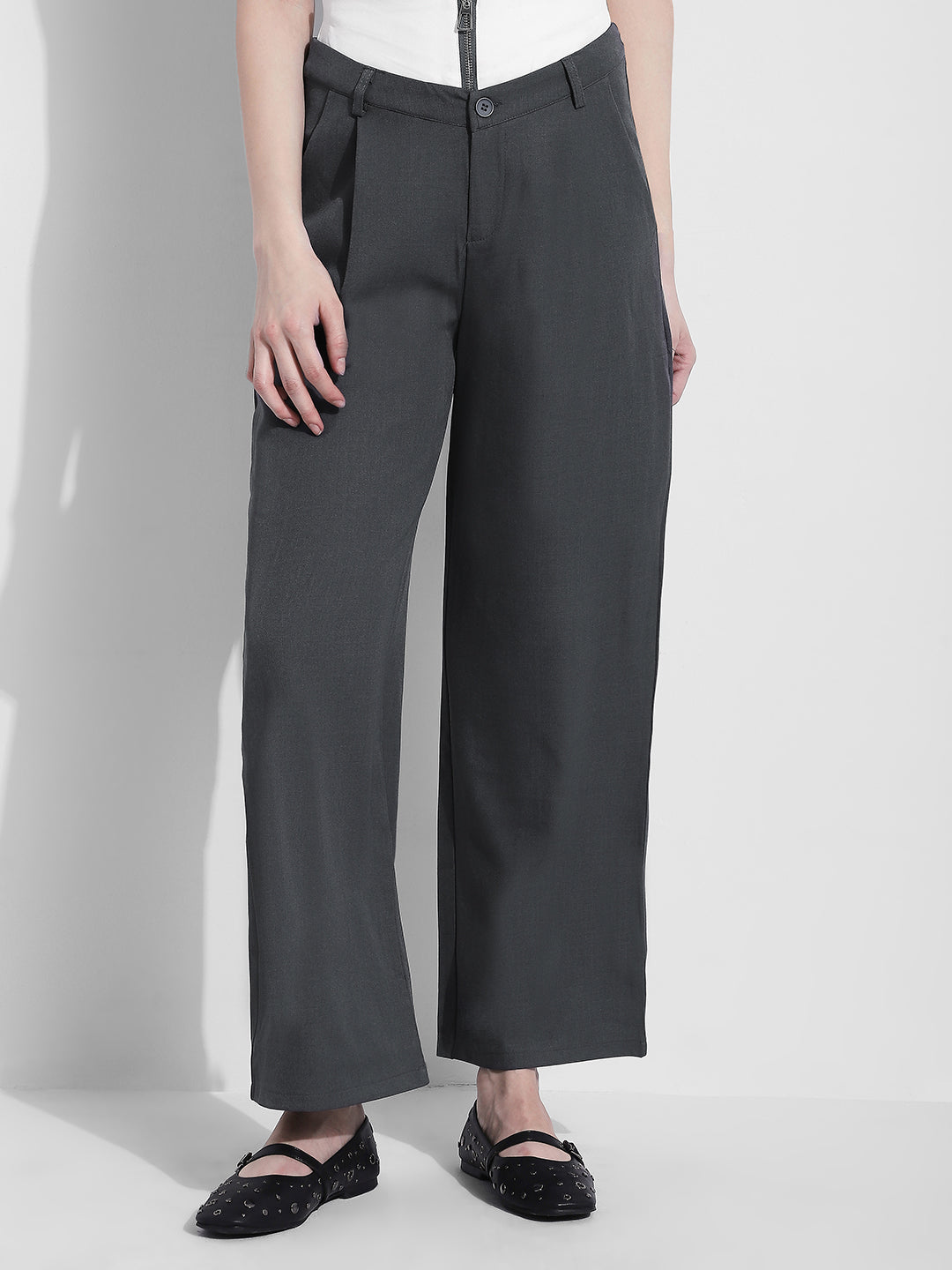 Women's Grey Pleated Korean Pants with Inverted Contrast Button Waistband