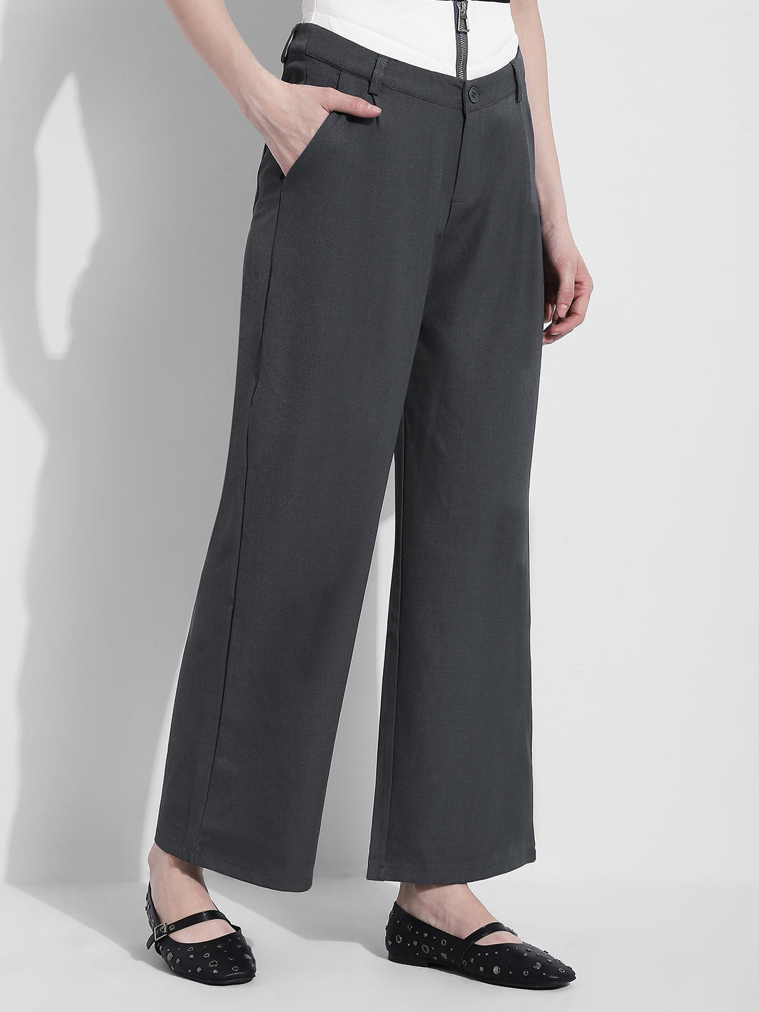 Women's Grey Pleated Korean Pants with Inverted Contrast Button Waistband