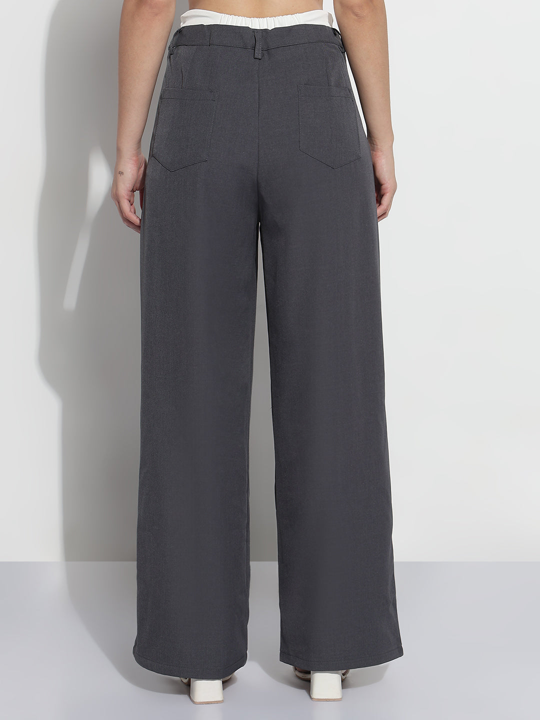 Women's Grey Pleated Korean Pants with Inverted Contrast Button Waistband