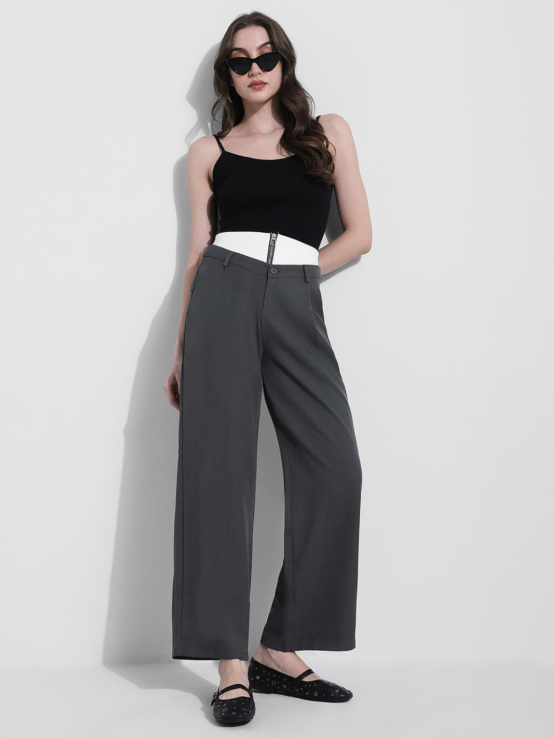 Women's Grey Pleated Korean Pants with Inverted Contrast Button Waistband