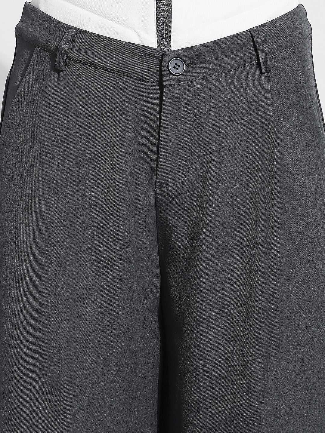 Women's Grey Pleated Korean Pants with Inverted Contrast Button Waistband