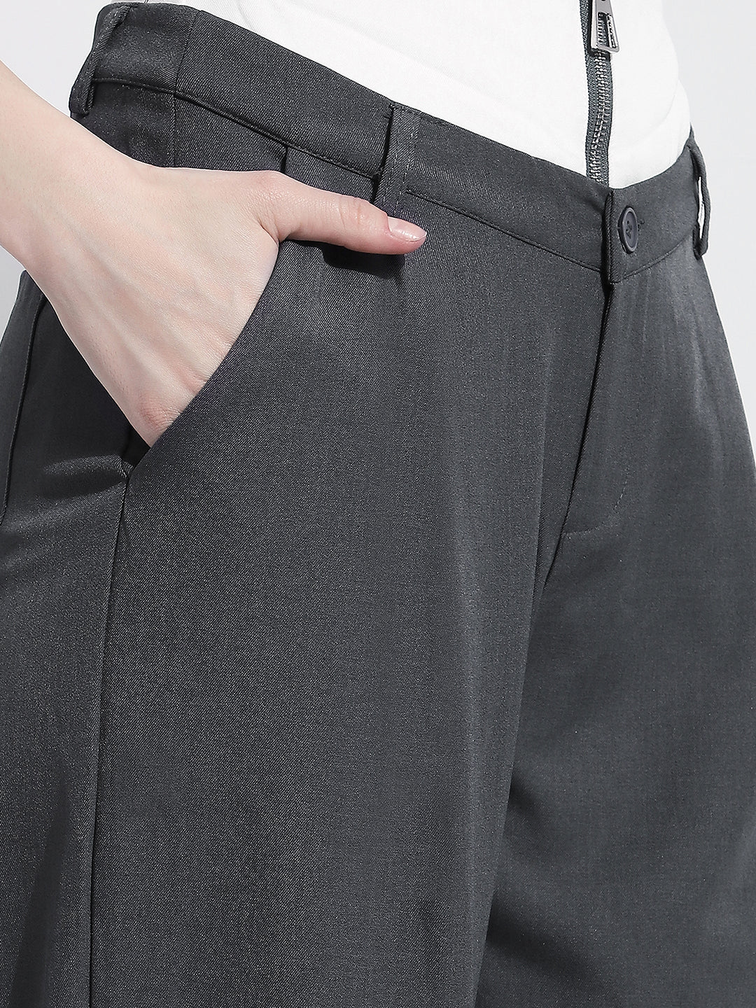 Women's Grey Pleated Korean Pants with Inverted Contrast Button Waistband