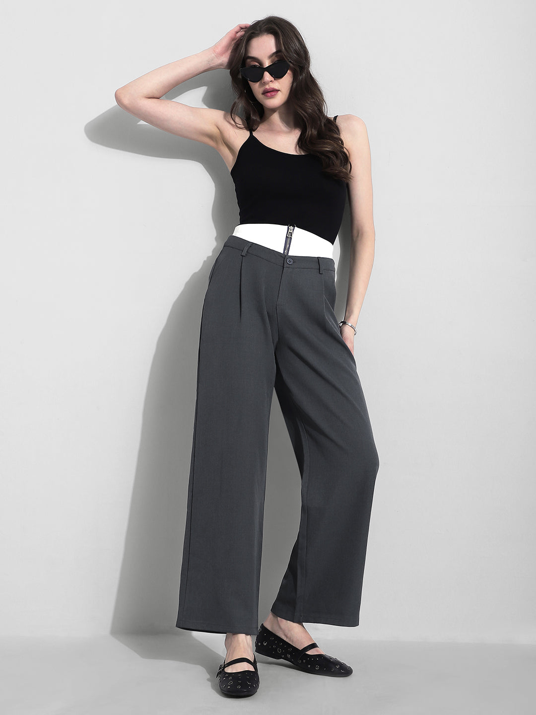 Women's Grey Pleated Korean Pants with Inverted Contrast Button Waistband