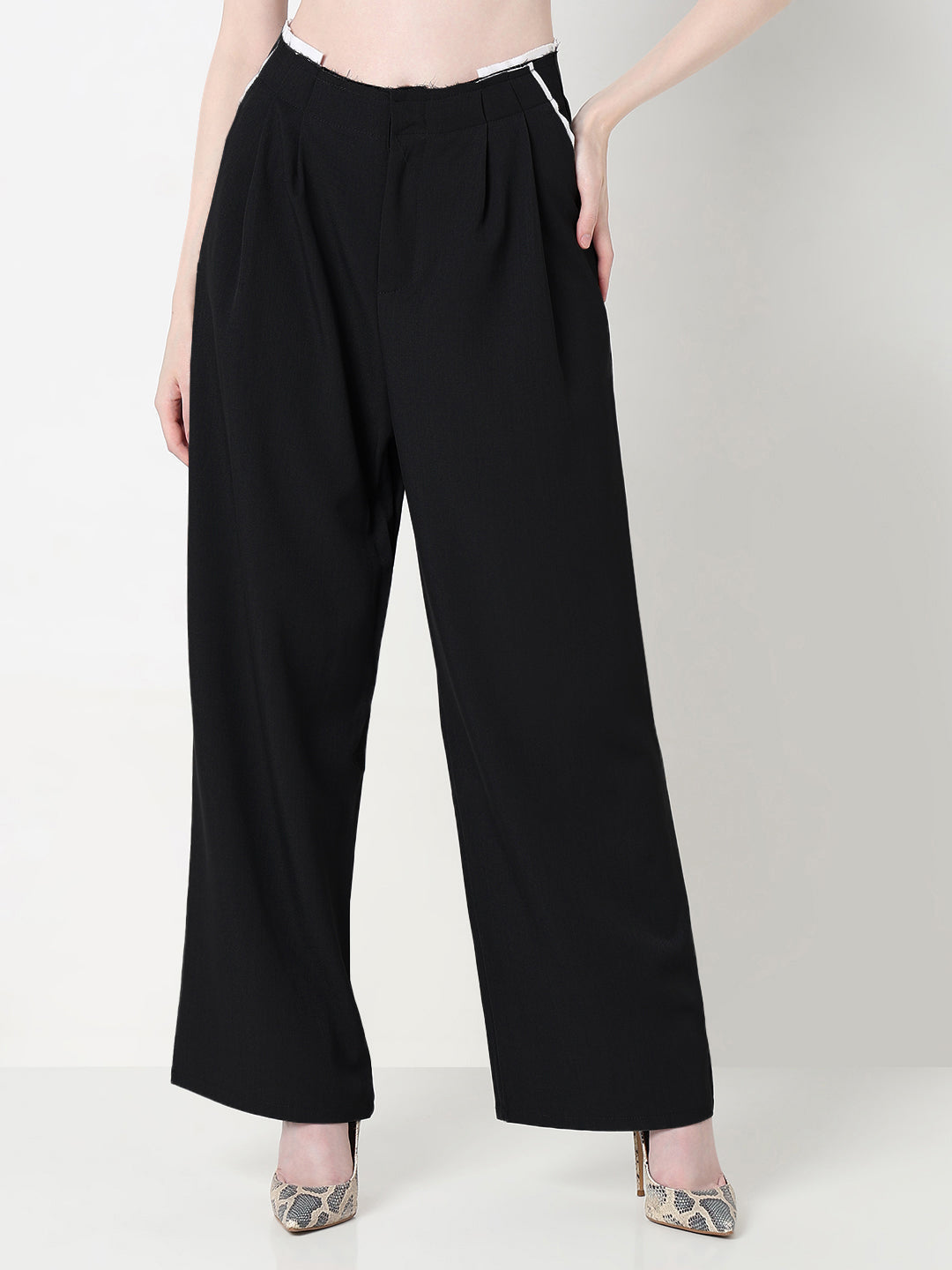 Women's Black Pleated Trousers with Contrast Waistband Detail