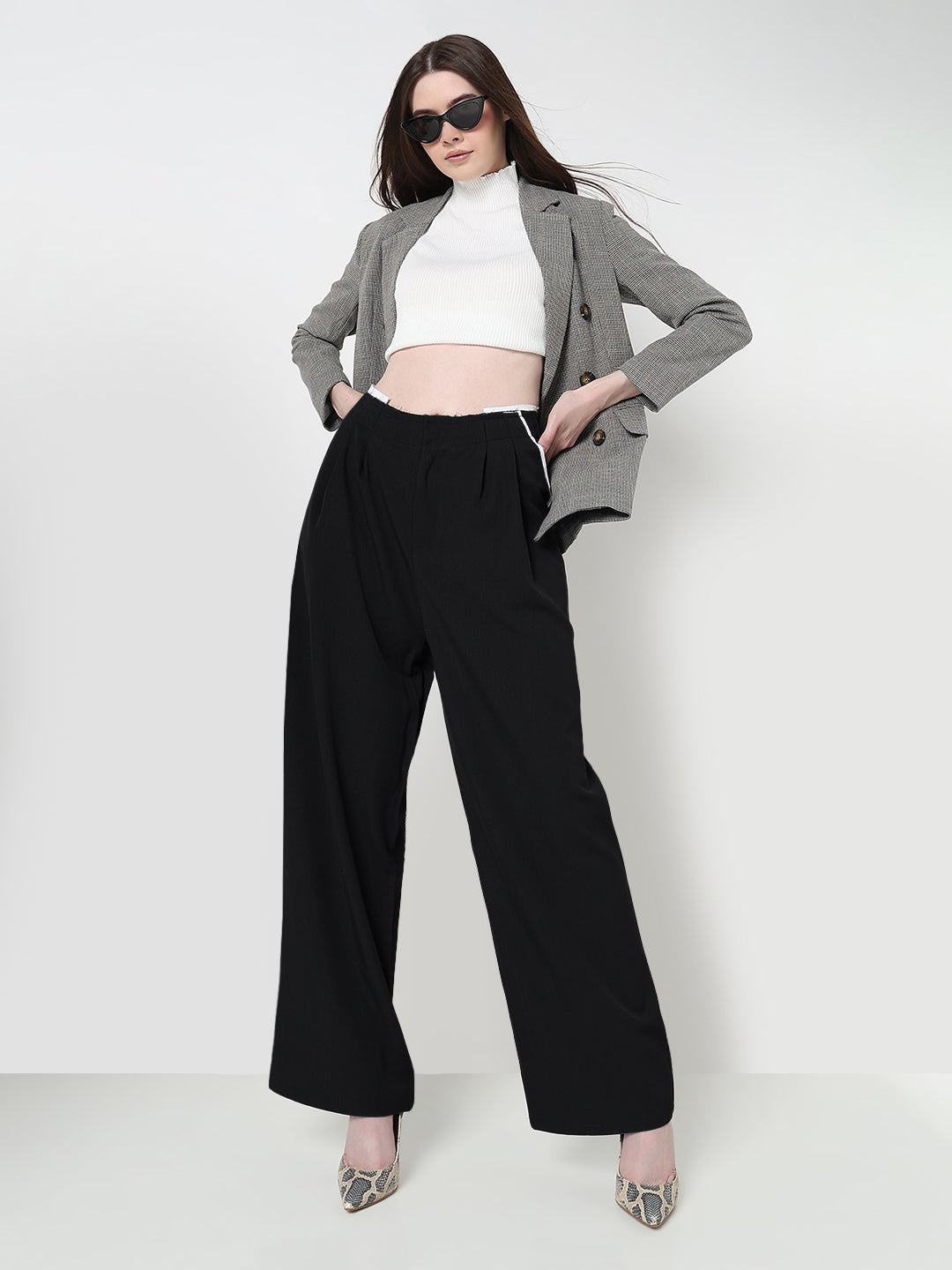 Women's Black Pleated Trousers with Contrast Waistband Detail