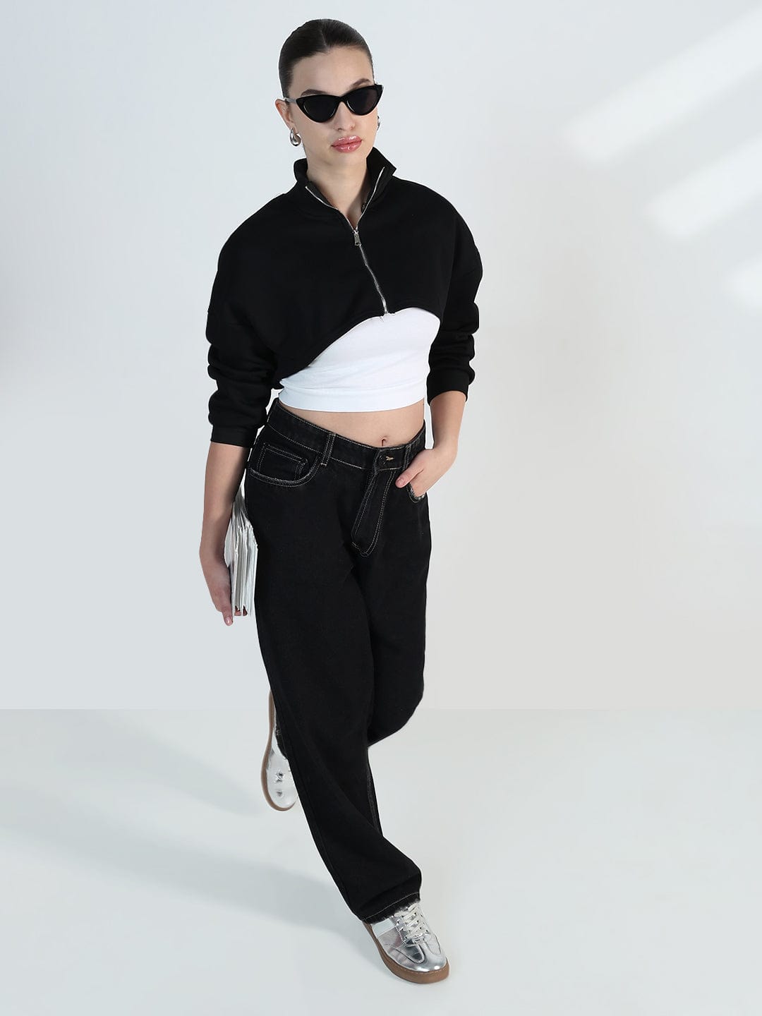 Women's Black Zip up Cropped Sweatshirt with Tank Top