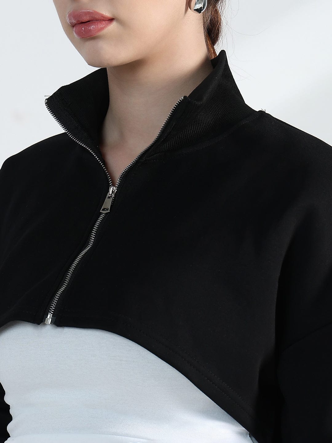 Women's Black Zip up Cropped Sweatshirt with Tank Top