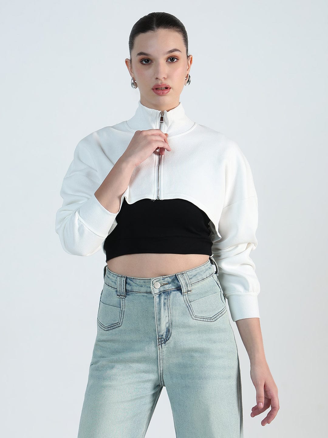 Women's White Zip up Cropped Sweatshirt with Tank Top