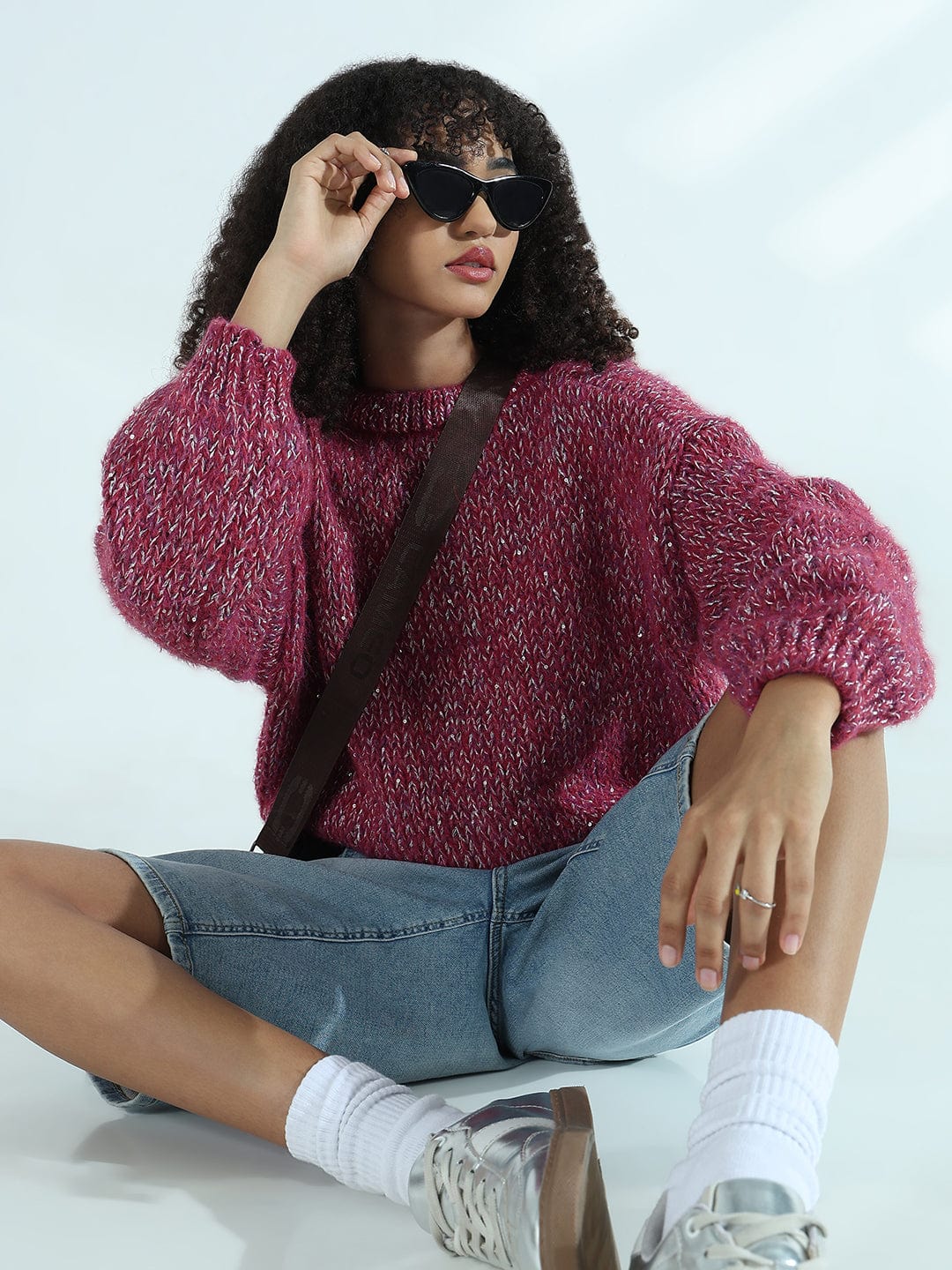 Women's Pink Oversized Sweater with Silver Detail