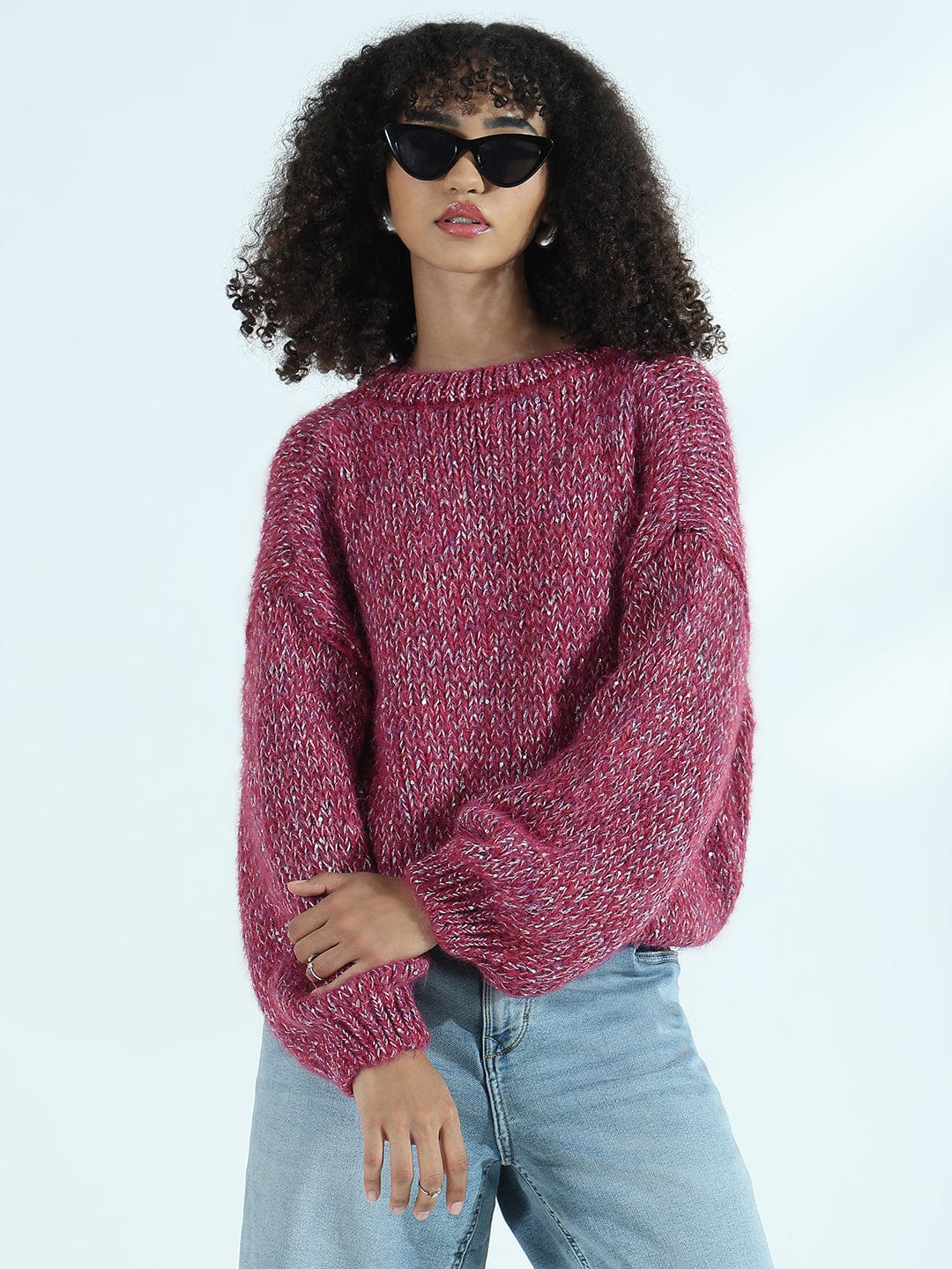 Women's Pink Oversized Sweater with Silver Detail