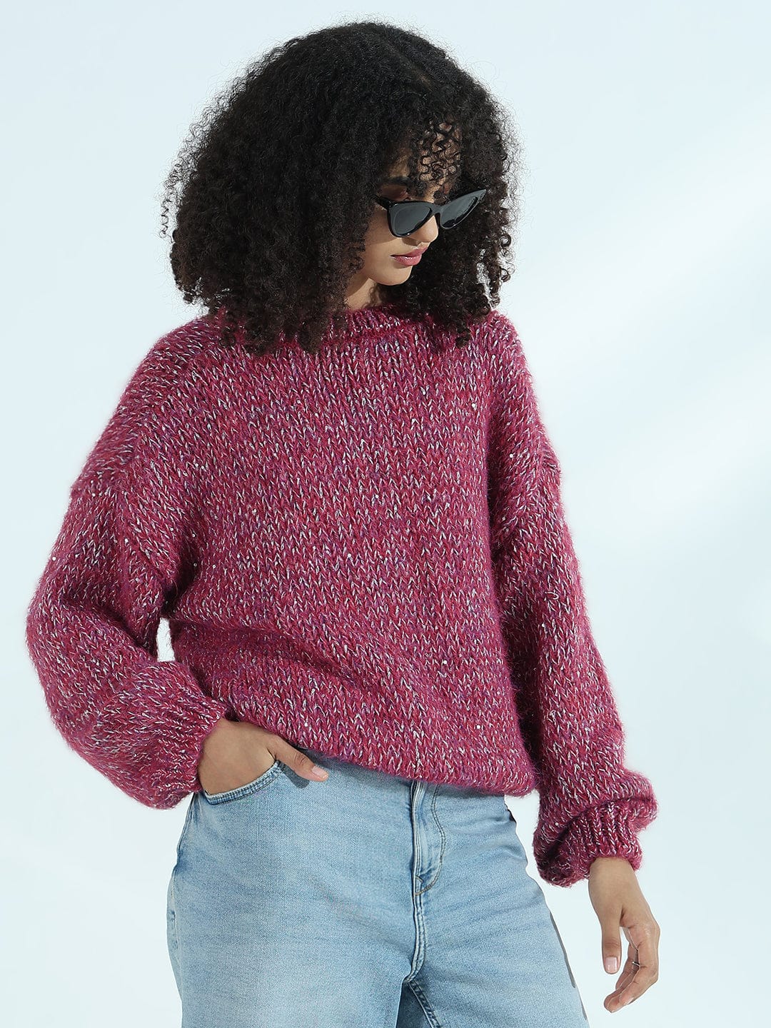 Women's Pink Oversized Sweater with Silver Detail