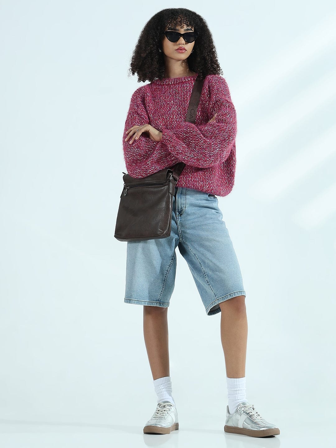 Women's Pink Oversized Sweater with Silver Detail