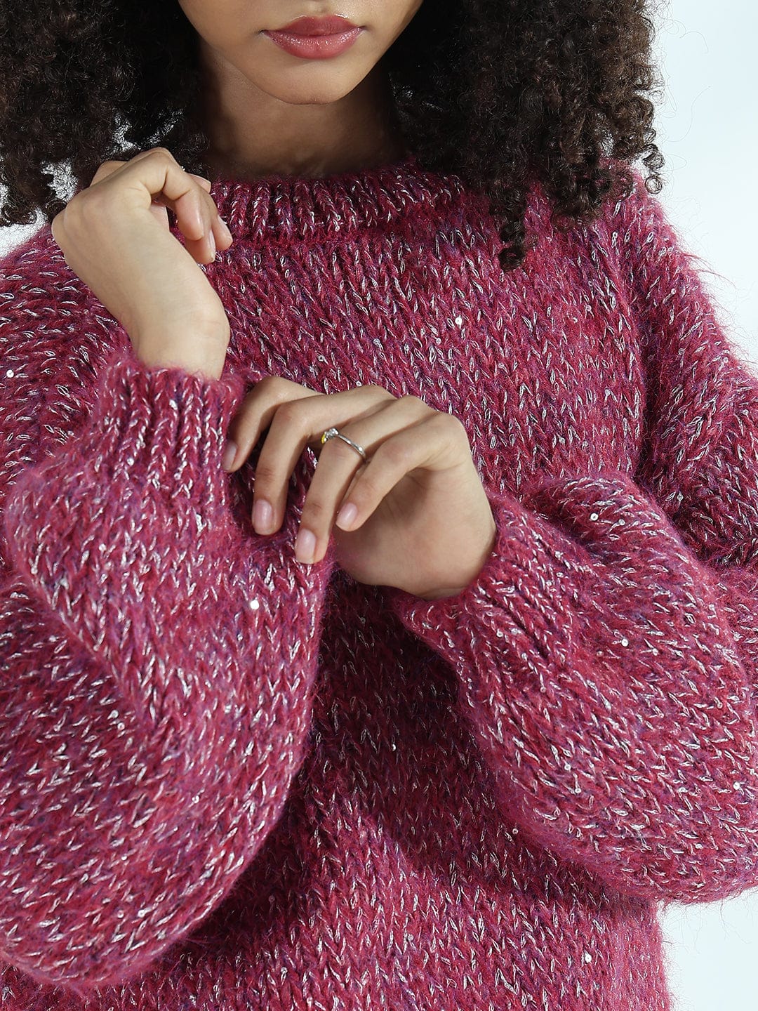 Women's Pink Oversized Sweater with Silver Detail