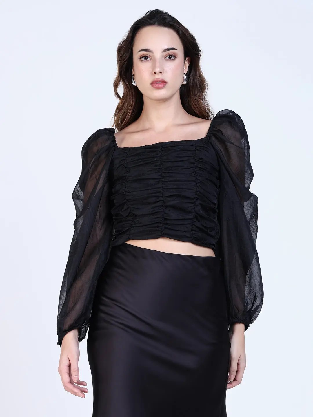 Shop Women's Black Square Neck Puff Sleeve Crop Top | Showoffff